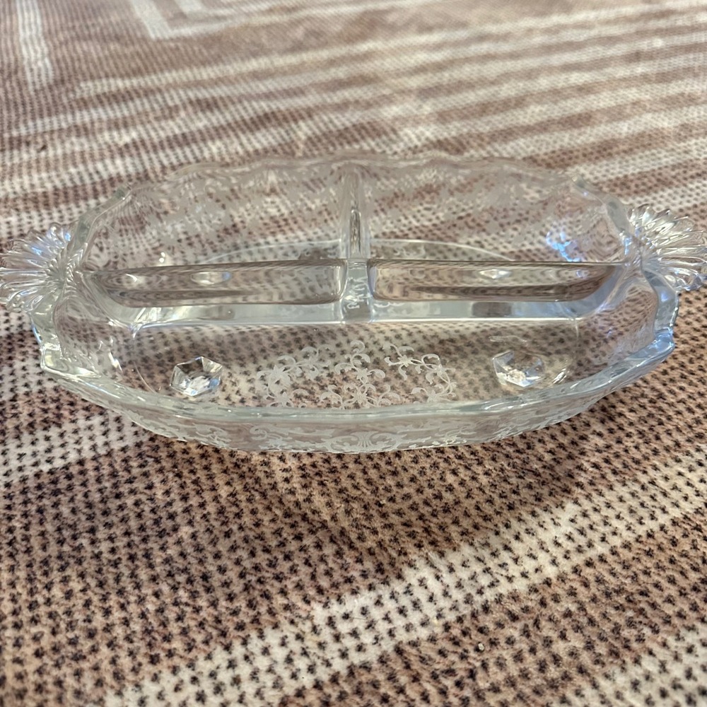 Vintage Clear Glass Divided Serving Dish with Handles Floral Etching